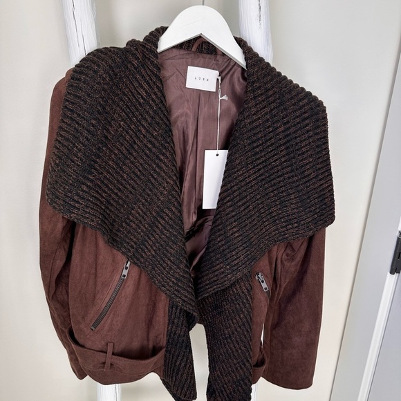 Lush Women’s Draped Faux Suede and Sweater Brown Open Front Moto Jacket Sz L - Picture 16 of 16